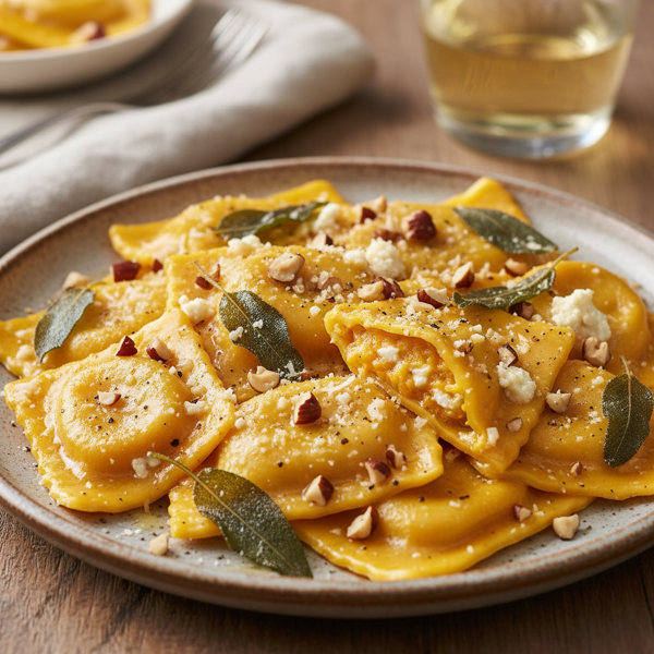 Savory Butternut Squash & Goat Cheese Ravioli with Hazelnut Sage Butter recipe