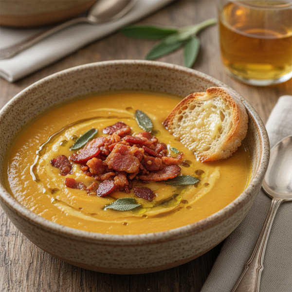 Savory Butternut Squash and Pear Soup with Crispy Bacon recipe