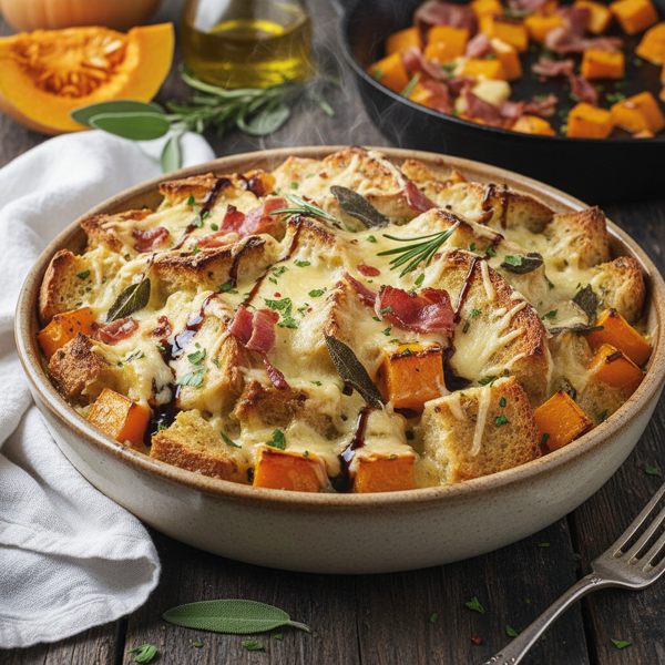 Savory Butternut Squash and Prosciutto Bread Pudding recipe