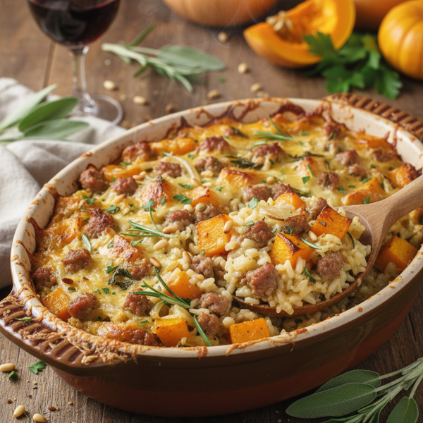 Savory Butternut Squash and Sausage Rice Bake recipe