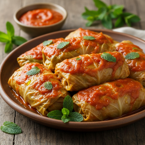 Savory Cabbage Rolls with Tangy Tomato and Mint recipe