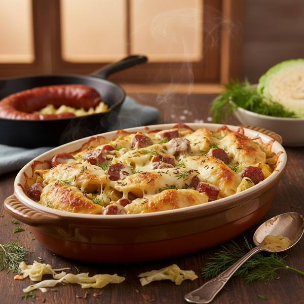 Savory Cabbage and Sausage Pierogi Bake recipe