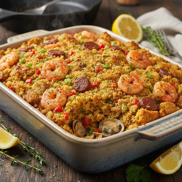 Savory Cajun Shrimp and Clam Cornbread Stuffing recipe