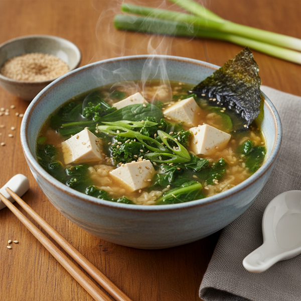 Savory California Miso Soup with Greens and Tofu recipe