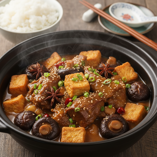 Savory Cantonese Braised Beef Stew with Black Mushrooms and Crispy Tofu recipe