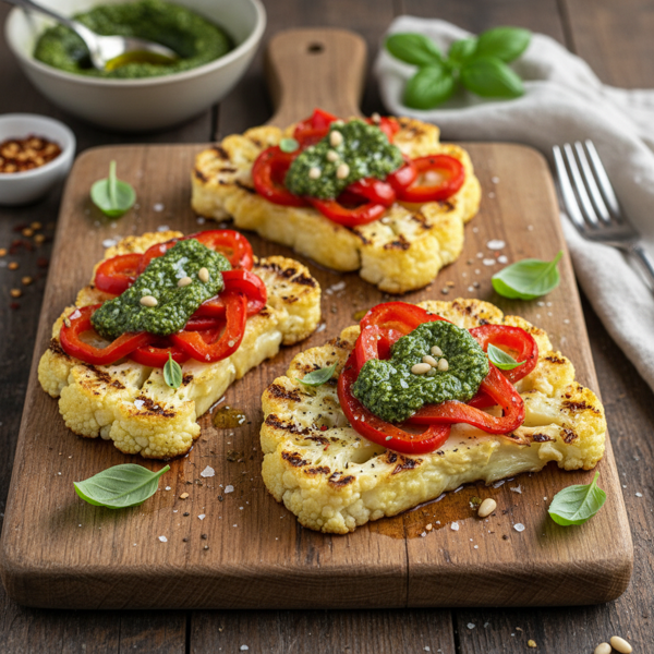 Savory Cauliflower Steaks with Roasted Red Peppers and Basil Pesto recipe