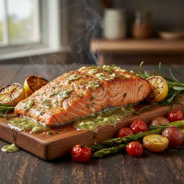 Savory Cedar-Planked Salmon with Herb-Infused Garlic Butter recipe