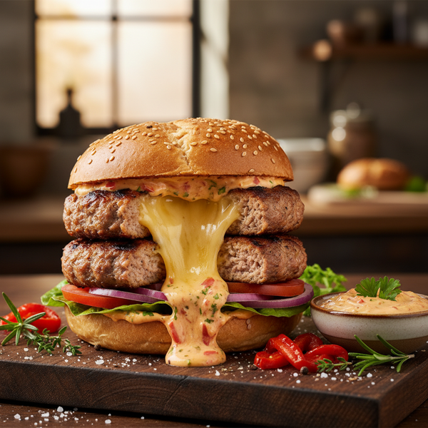 Savory Cheddar-Stuffed Turkey Burgers with Zesty Roasted Red Pepper Aioli recipe