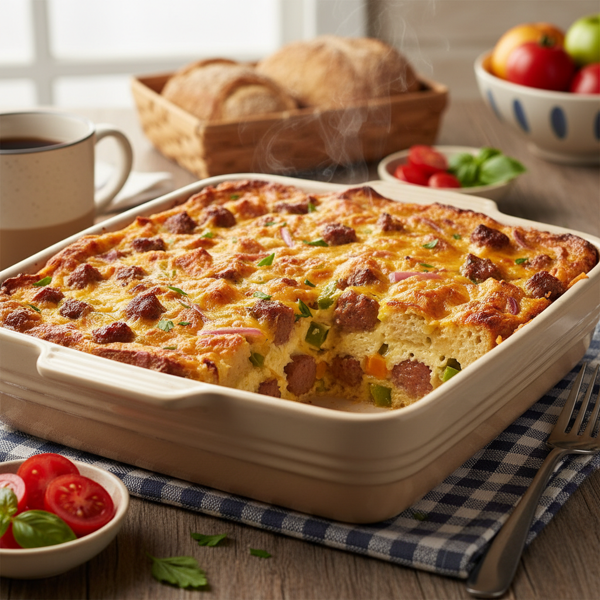 Savory Cheese and Sausage Overnight Breakfast Casserole recipe