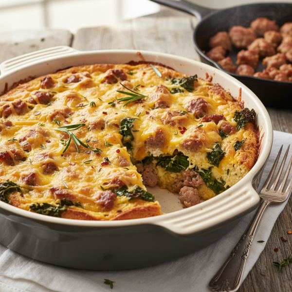 Savory Cheesy Kale and Sausage Breakfast Bake recipe