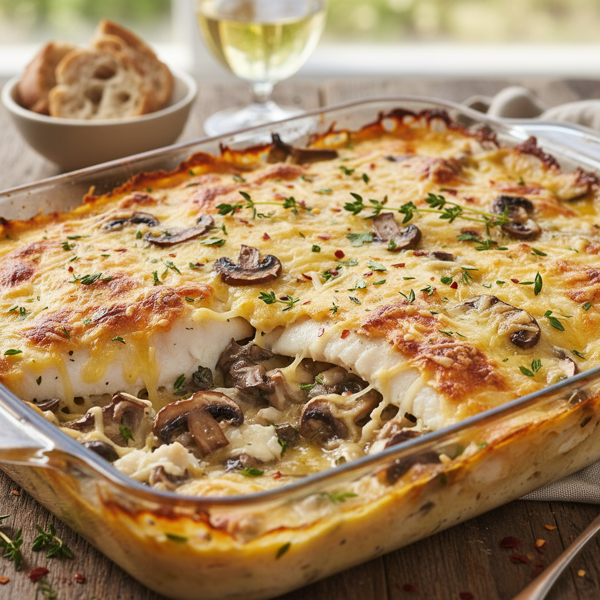 Savory Cheesy Mushroom Flounder Bake recipe