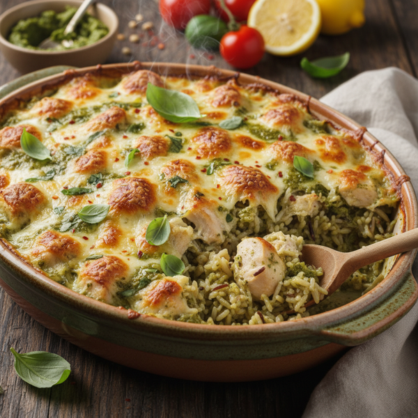 Savory Cheesy Pesto Chicken and Rice Bake recipe