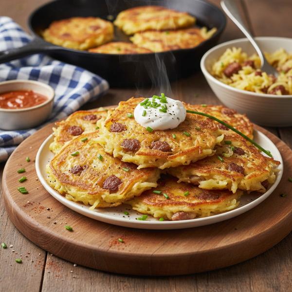 Savory Cheesy Potato & Sausage Pancakes recipe