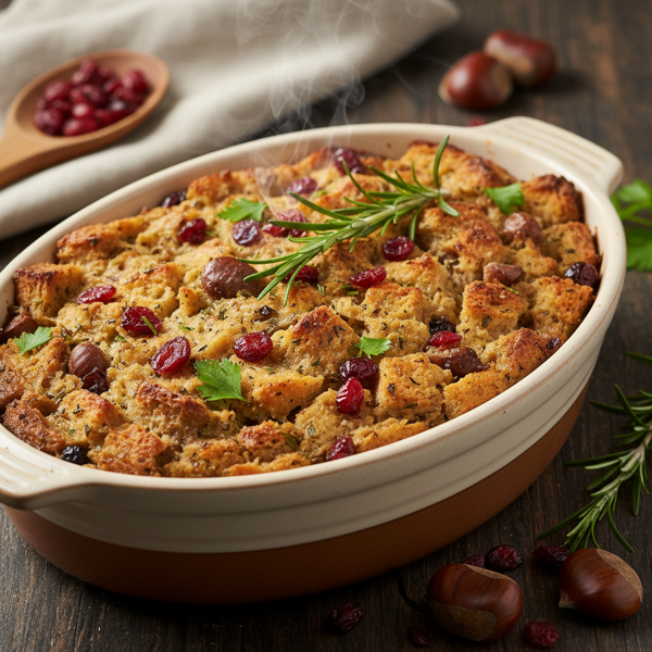 Savory Chestnut and Cranberry Herb Stuffing recipe