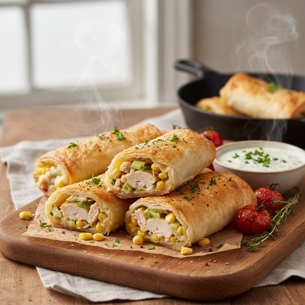 Savory Chicken, Corn & Leek Filo Pastry Rolls recipe