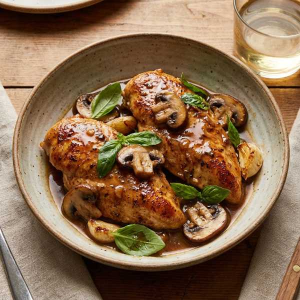 Savory Chicken Marsala with Basil and Garlic Mushrooms recipe