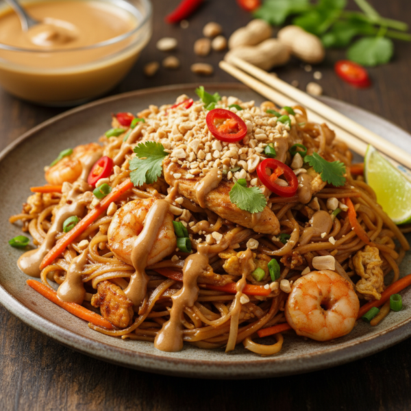 Savory Chicken Pad Thai with Peanut Sauce recipe