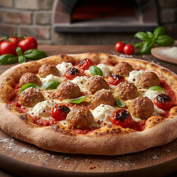Savory Chicken Sausage Meatball Pizza with Roasted Tomato and Ricotta recipe