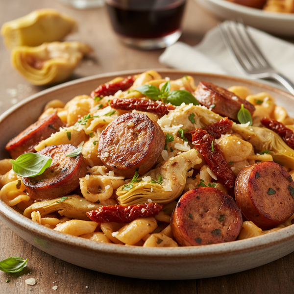 Savory Chicken Sausage Pasta with Artichokes and Sun-Dried Tomatoes recipe