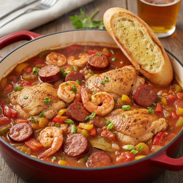 Savory Chicken, Shrimp, and Andouille Sausage Stew recipe