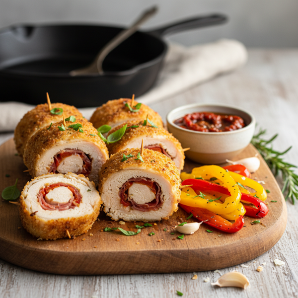Savory Chicken & Prosciutto Roll-Ups with Roasted Peppers recipe