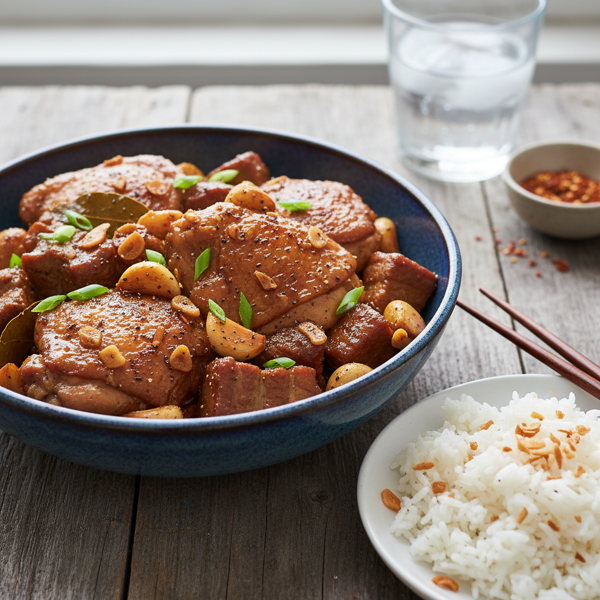 Savory Chicken and Pork Adobo with Garlic recipe