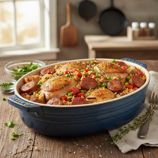 Savory Chicken and Sausage Casserole with Brown and Wild Rice recipe