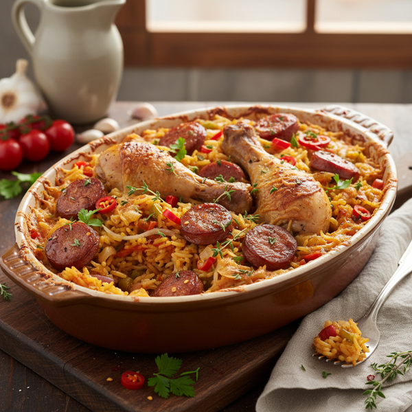 Savory Chicken and Sausage Rice Bake recipe