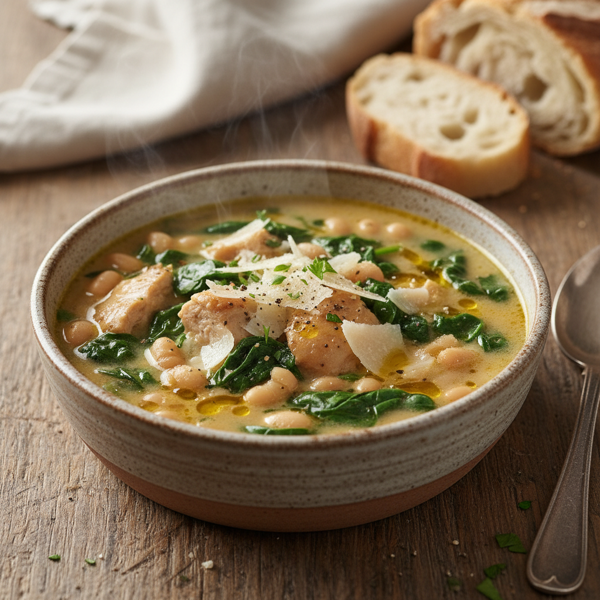 Savory Chicken and Spinach Soup with White Beans and Parmesan recipe