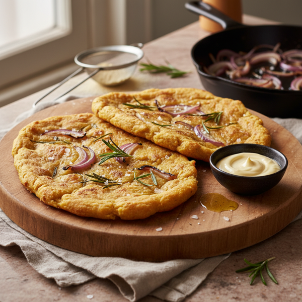Savory Chickpea Flatbread (Socca) with Rosemary and Onions recipe