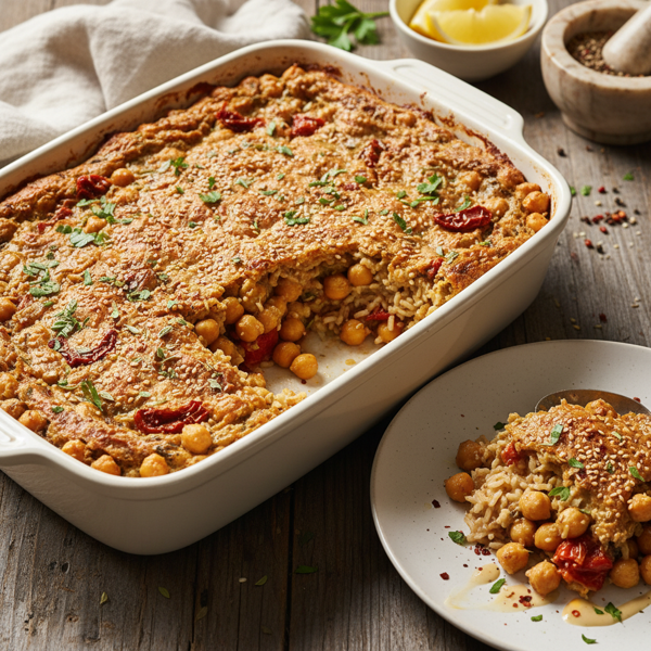 Savory Chickpea Tahini Bake with Brown Rice recipe