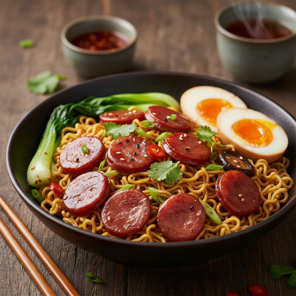 Savory Chinese Egg Noodle Bowl with Sausage recipe