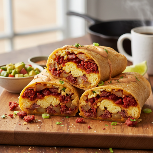 Savory Chorizo, Bacon, and Egg Breakfast Burritos recipe