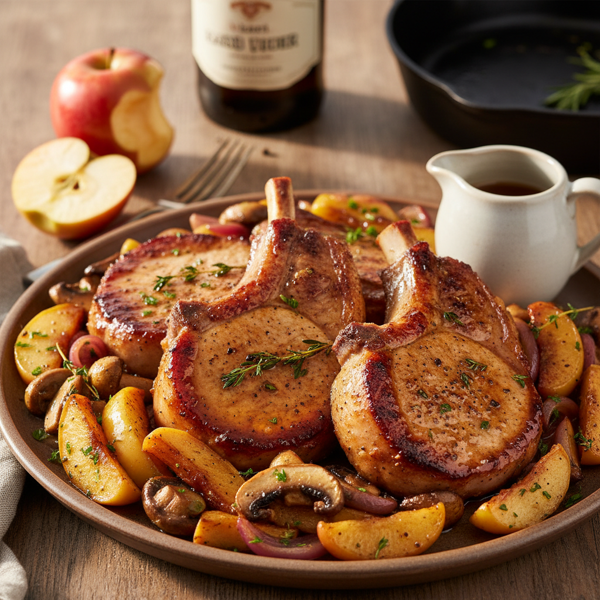 Savory Cider-Infused Pork Chops with Apple-Mushroom Medley recipe