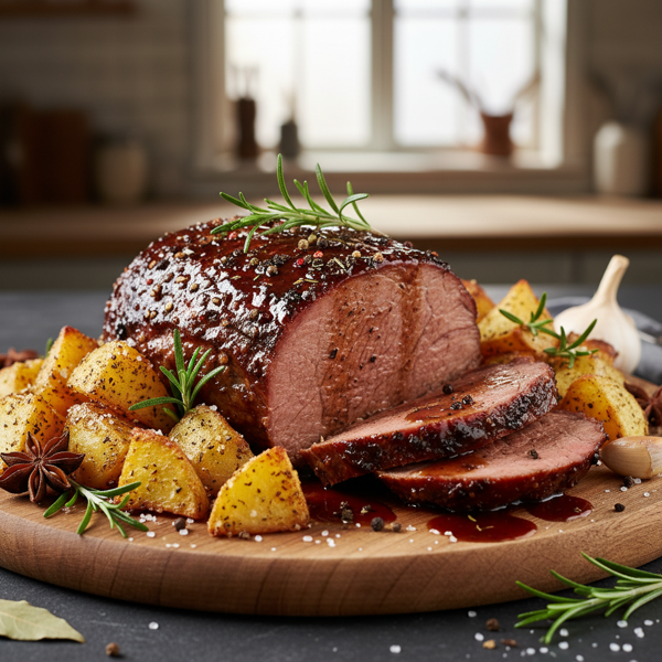 Savory Cola-Infused Top Round Roast with Roasted Potatoes recipe