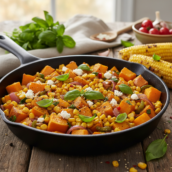 Savory Corn and Butternut Squash Skillet with Fresh Basil recipe