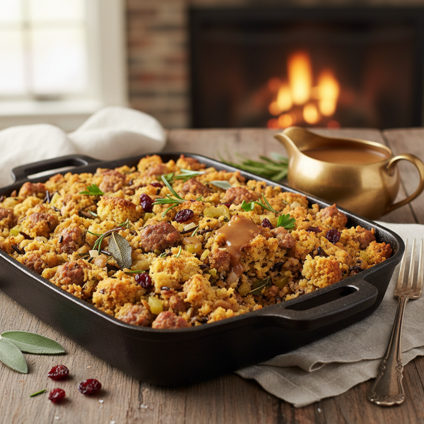 Savory Cornbread, Wild Rice, and Sausage Stuffing recipe