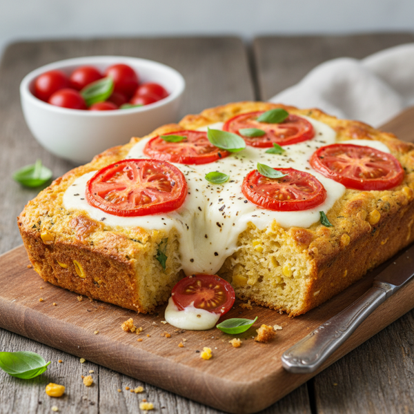 Savory Cornbread with Mozzarella and Fresh Tomatoes recipe