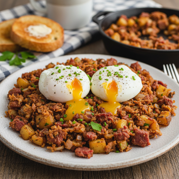 Savory Corned Beef Hash with Poached Eggs recipe