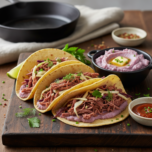 Savory Corned Beef & Cabbage Tacos with Purple Potato Mash recipe