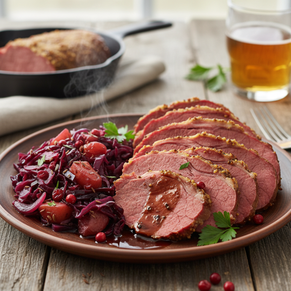 Savory Corned Beef with Sweet Braised Red Cabbage recipe