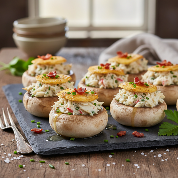 Savory Crab & Bacon Mushroom Canapés recipe