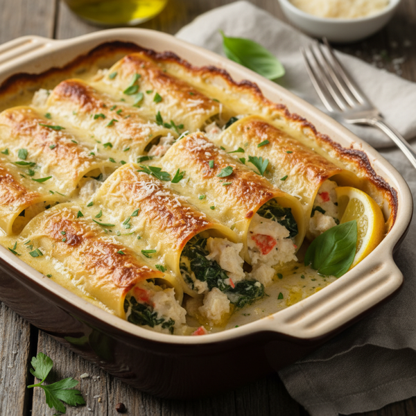 Savory Crab and Spinach Stuffed Manicotti with Creamy Parmesan Sauce recipe
