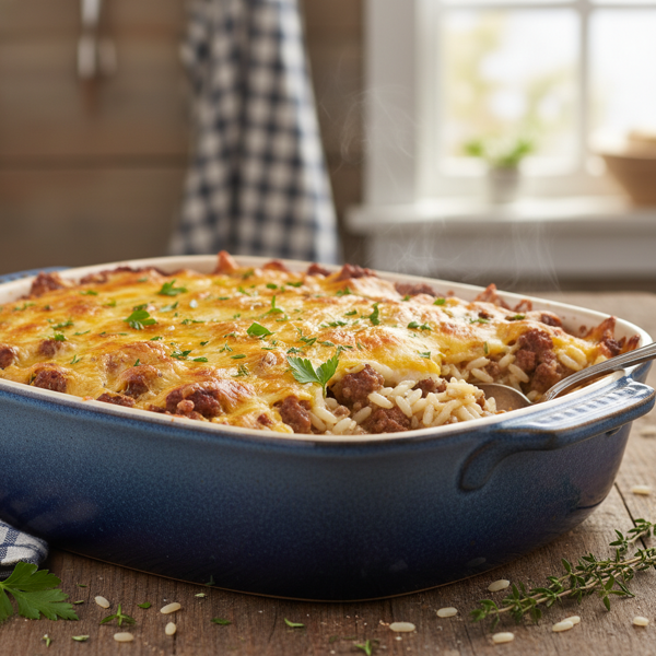 Savory Creamy Beef and Rice Bake recipe