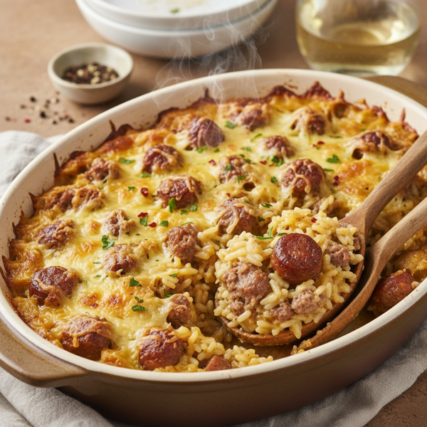Savory Creamy Sausage & Rice Bake recipe