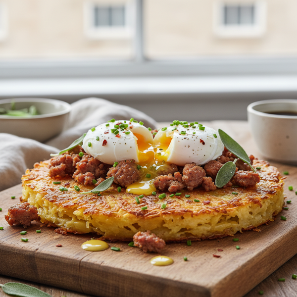Savory Crispy Potato Layer with Crumbled Sage Sausage and Poached Eggs recipe