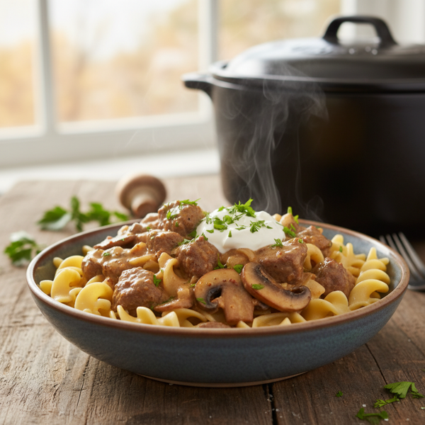 Savory Crock Pot Beef Stroganoff recipe