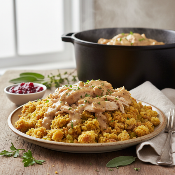 Savory Crock Pot Chicken with Cornbread Dressing recipe