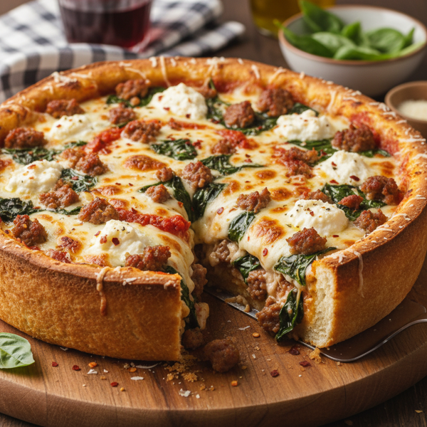 Savory Deep-Dish Spinach & Sausage Pizza recipe