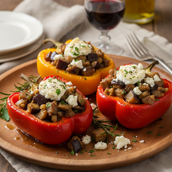Savory Eggplant-Stuffed Bell Peppers with Goat Cheese recipe